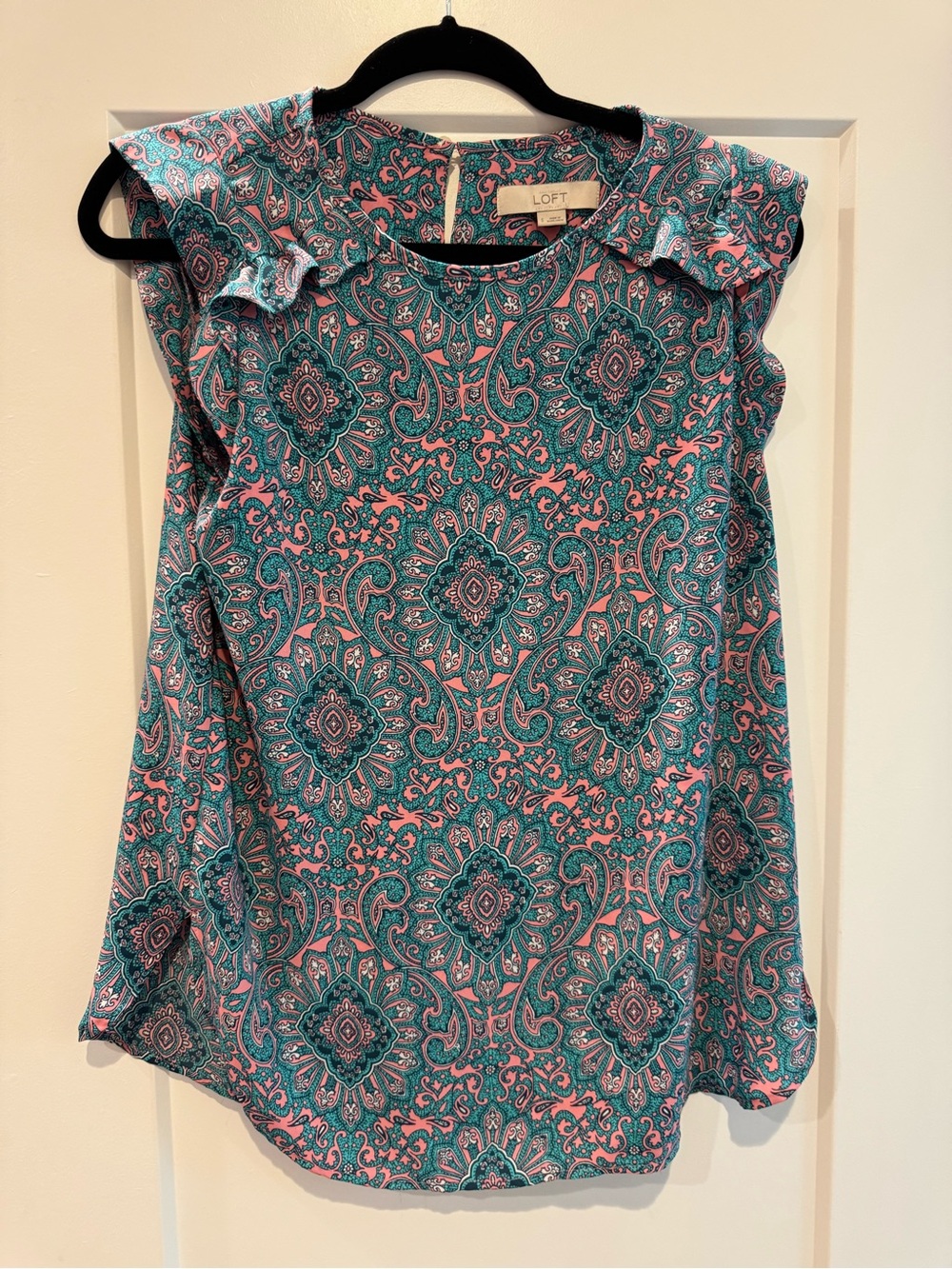LOFT Pink and Teal Paisley Print Top